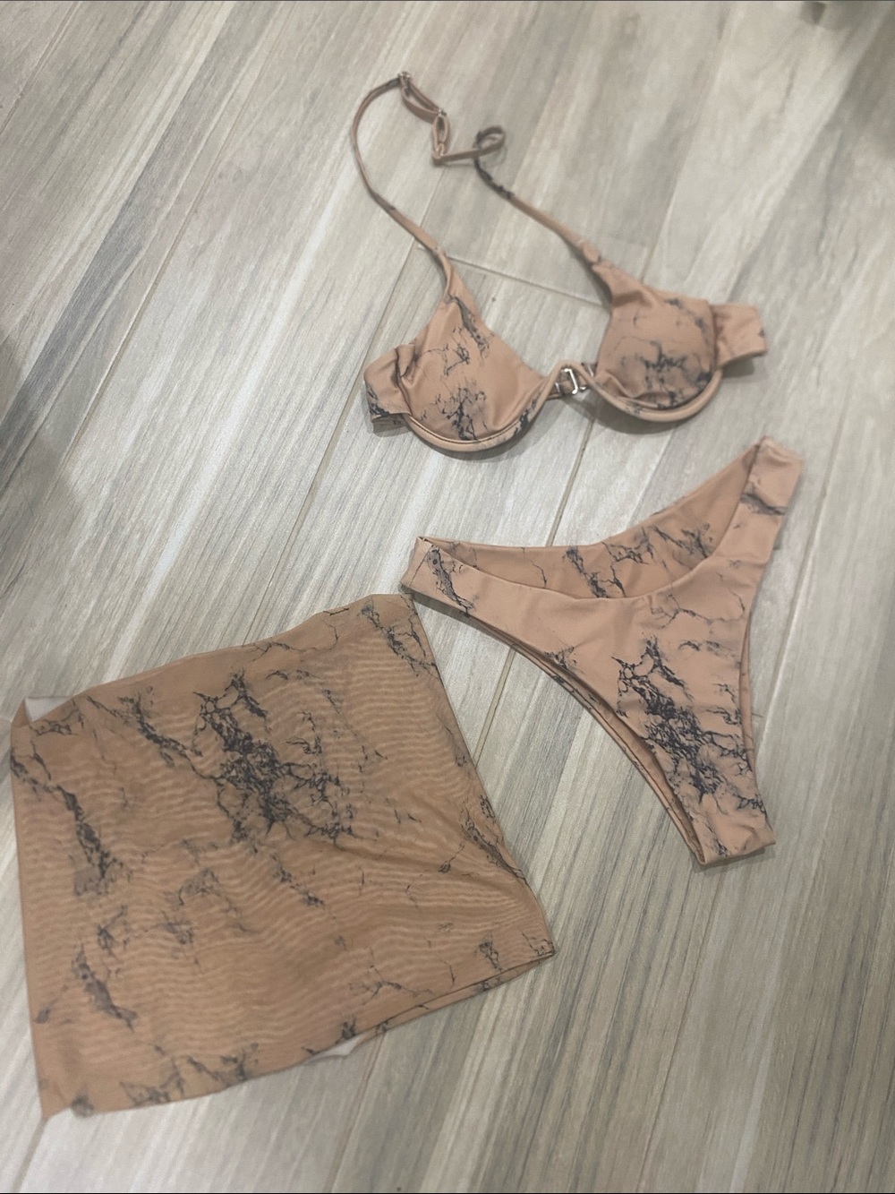 SHEIN Marble-Print Tan Bikini Set with Skirt